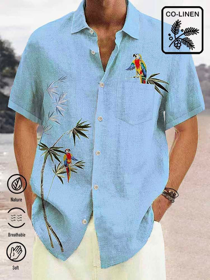 Alohadaddy Green Linen Cotton Parrot Print Chest Bag Vintage Shirt Plus Size Shirt
