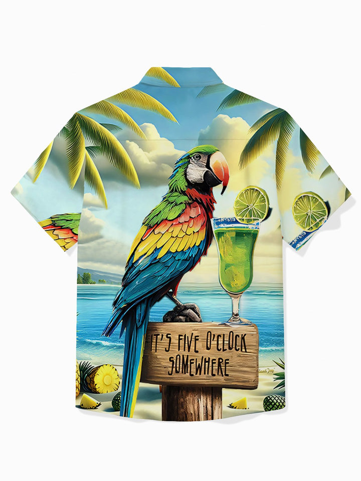 Chemise à manches courtes et poches boutonnées pour homme avec imprimé perroquet hawaïen et cocotier Alohadaddy