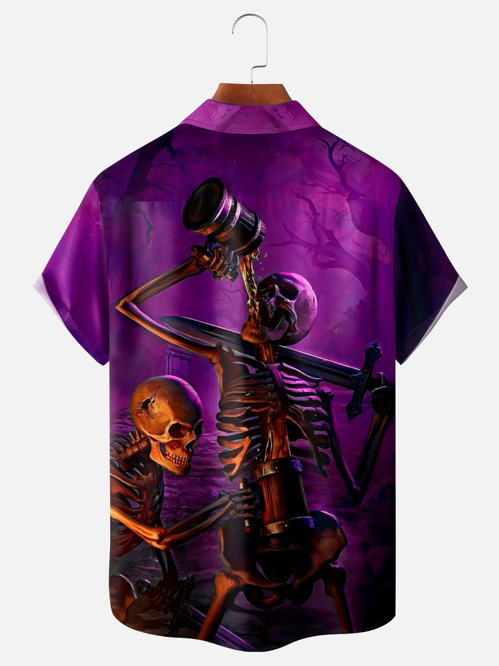 Camisa de manga corta con bolsillo abotonado y estampado digital 3D de calavera de Halloween para hombre de Alohadaddy, talla grande y alta