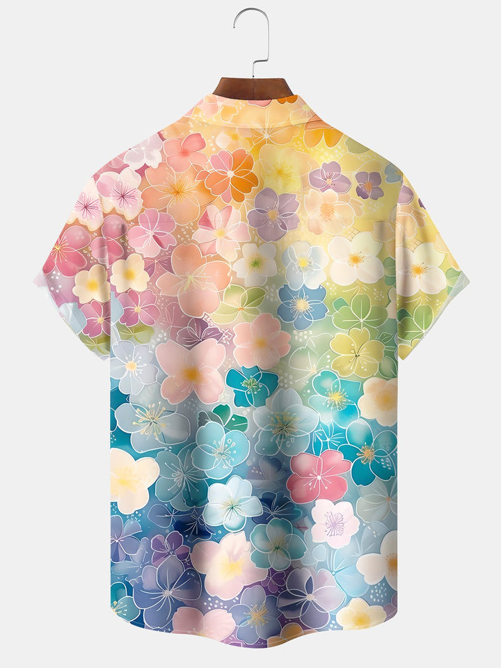 Alohadaddy Hawaiian Holiday Style Macron Color Flower Print Art Pocket Button Elastic Large Size Shirt