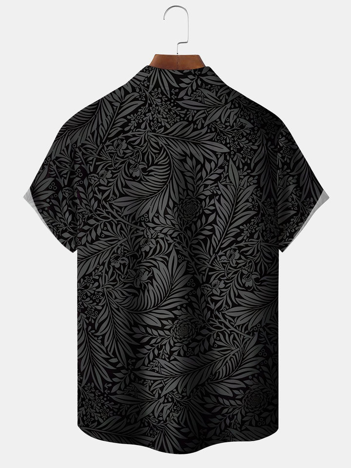 Alohadaddy Hawaiian Dark Pattern Plant Leaves Button Cardigan Pocket Elastic Large Size Short Sleeve Shirt