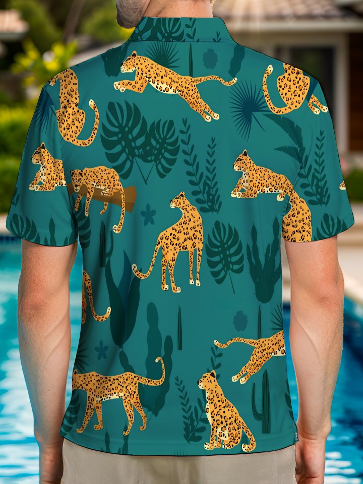 Alohadaddy Hawaiian Animal Cheetah Print Art Button Elastic Large Size Short Sleeve Polo Shirt