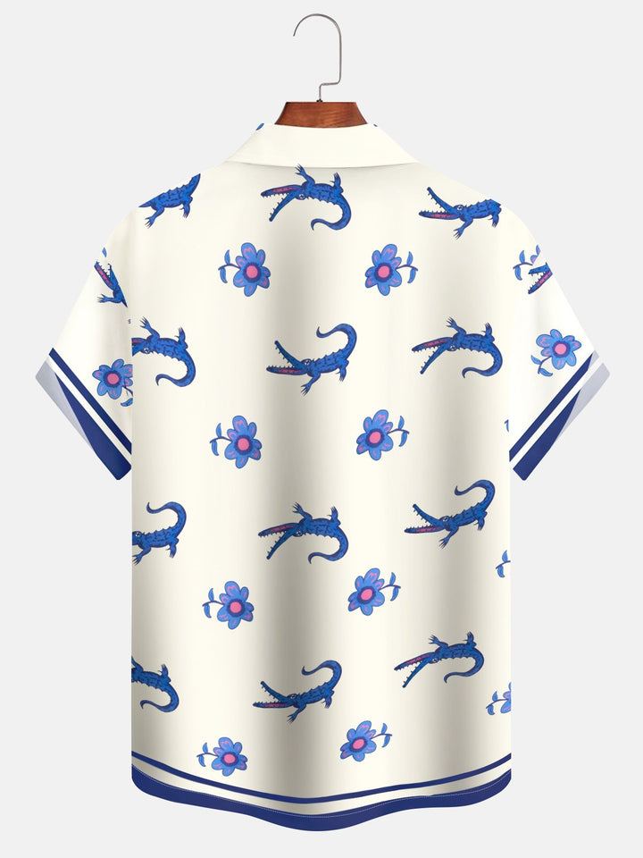 Alohadaddy Hawaiian Crocodile Flowers Art Print Button Cardigan Pockets Elastic Oversized Long Short Sleeve Shirt