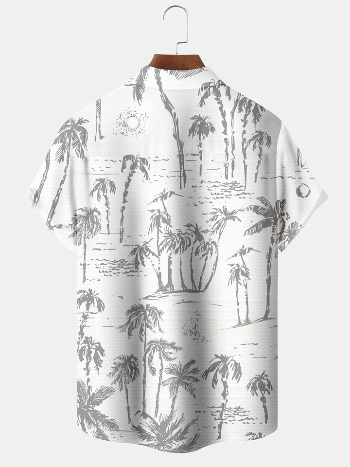 Alohadaddy Hawaiian Palm Tree Painting Art Button Cardigan Pockets Large Size Long Polyester Short Sleeve Shirt