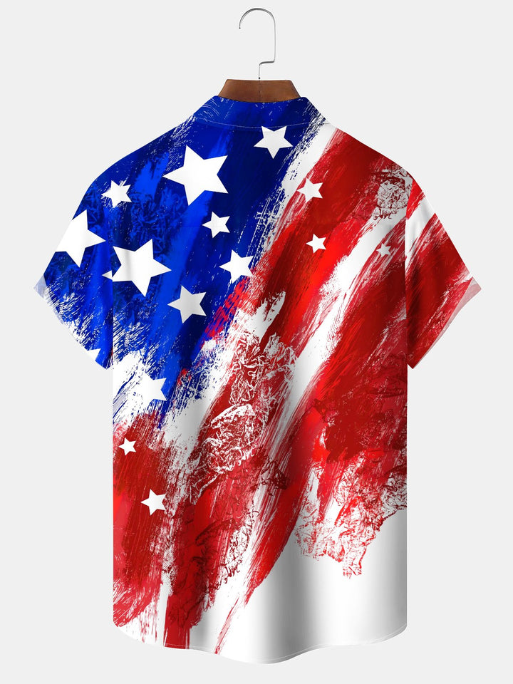 Alohadaddy Casual Collection American Flag Print Art Button Cardigan Pockets Elastic Oversized Short Sleeve Shirt