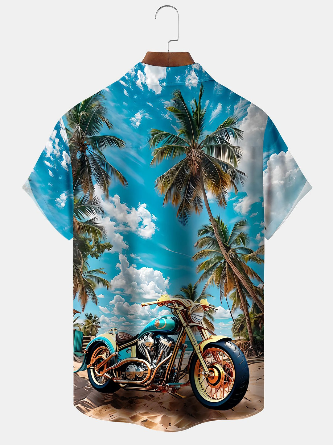 Alohadaddy Hawaiian Motorcycle Palm Tree Print Art Button Pocket Cardigan Stretch Large Size Short Sleeve Shirt