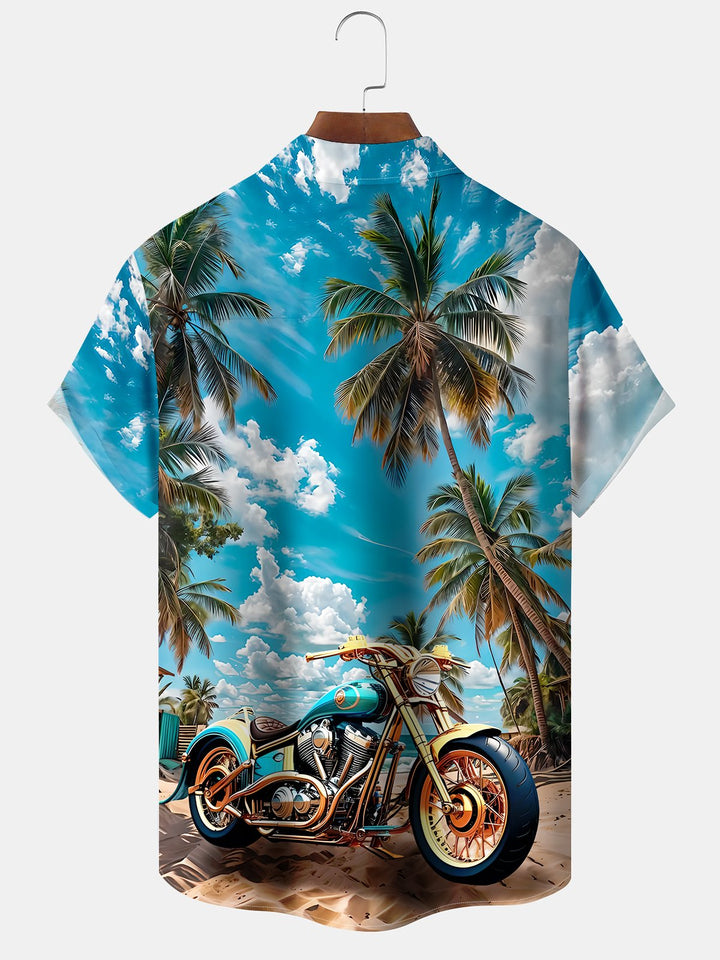 Alohadaddy Hawaiian Motorcycle Palm Tree Print Art Button Pocket Cardigan Stretch Large Size Short Sleeve Shirt