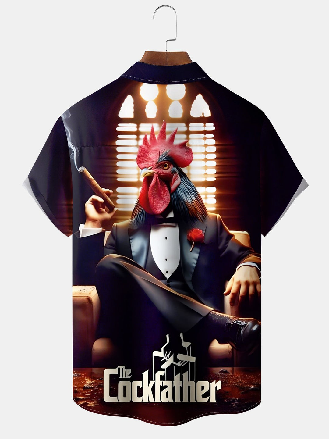 Alohadaddy Casual Collection Cigar Suit Rooster Print Art Button Cardigan Pockets Fresh Stretch Polyester Short Sleeve Shirt