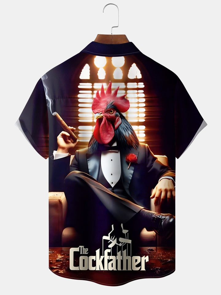 Alohadaddy Casual Collection Cigar Suit Rooster Print Art Button Cardigan Pockets Fresh Stretch Polyester Short Sleeve Shirt
