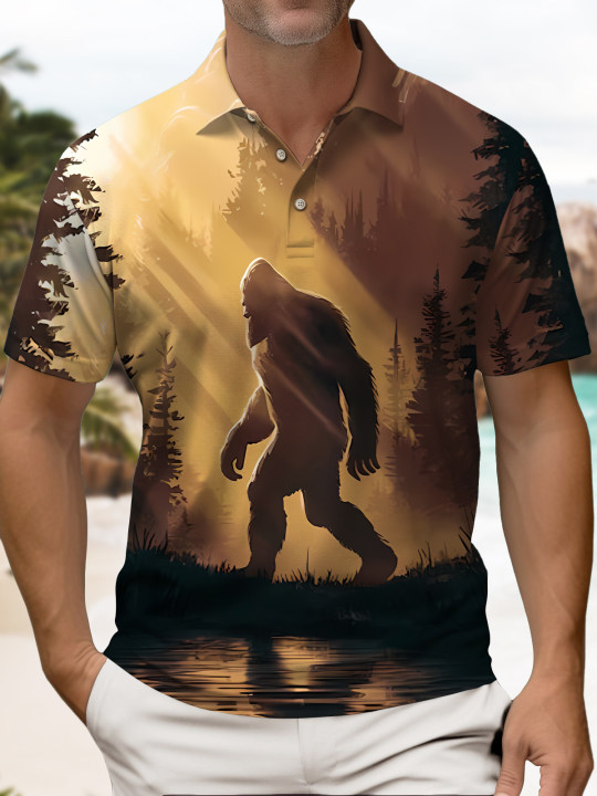 Alohadaddy Casual Everyday Bigfoot Print Art Stretch Large Size Button Short Sleeve POLO Shirt