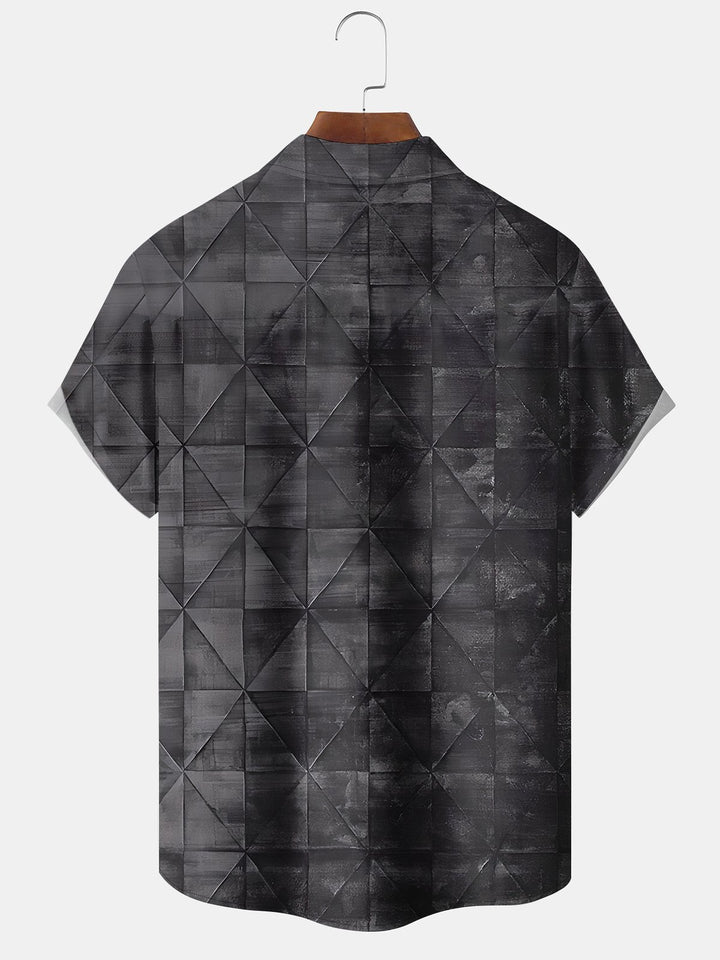 Alohadaddy Casual Collection Daily Geometric Triangle Print Art Button Cardigan Pocket Polyester Stretch Short Sleeve Shirt
