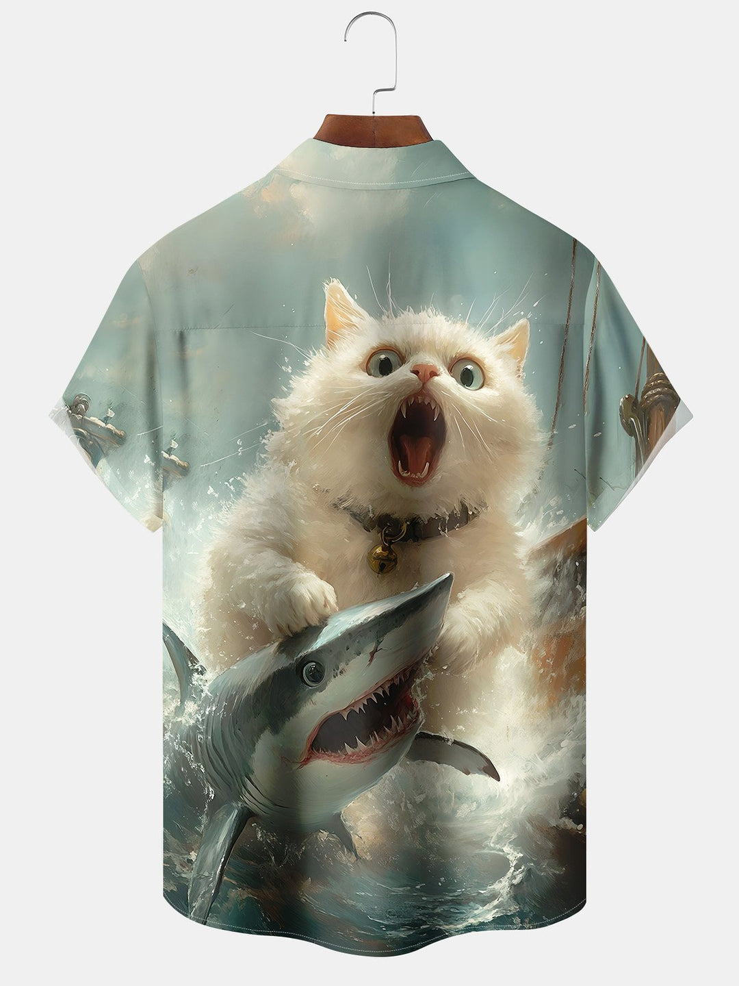 Alohadaddy Vintage Oil Painting Cat Shark Print Art Moisture Wicking Chest Pocket Hawaiian Short Sleeve Shirt