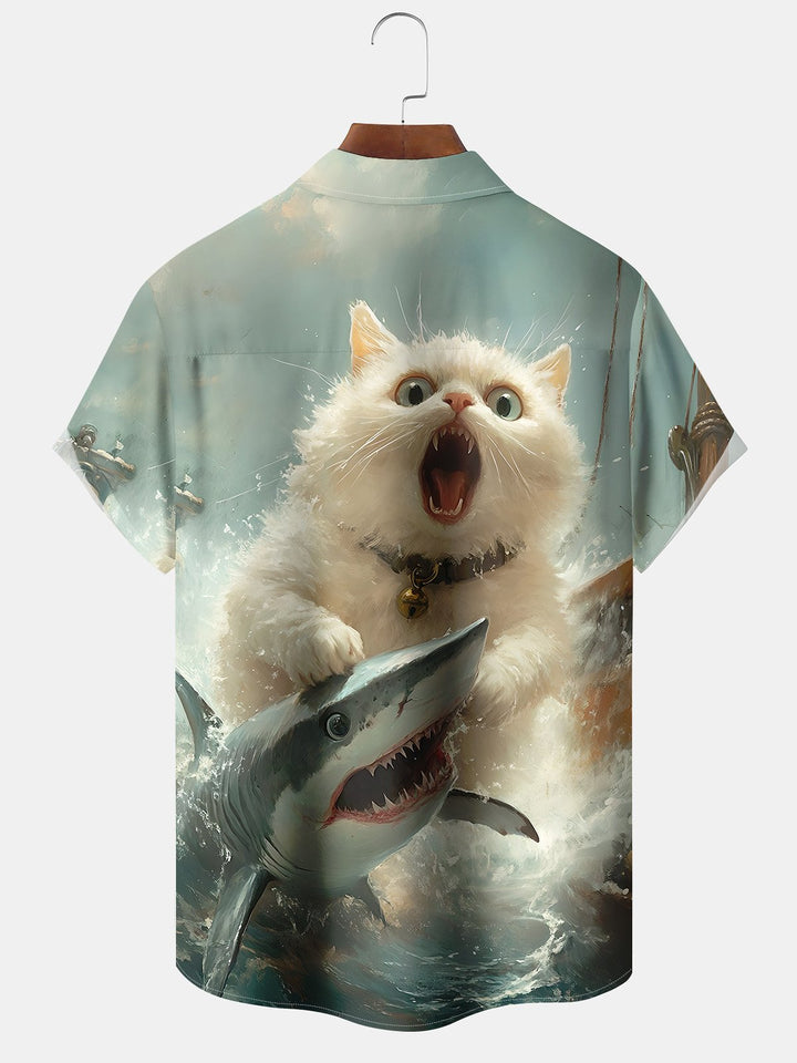 Alohadaddy Vintage Oil Painting Cat Shark Print Art Moisture Wicking Chest Pocket Hawaiian Short Sleeve Shirt
