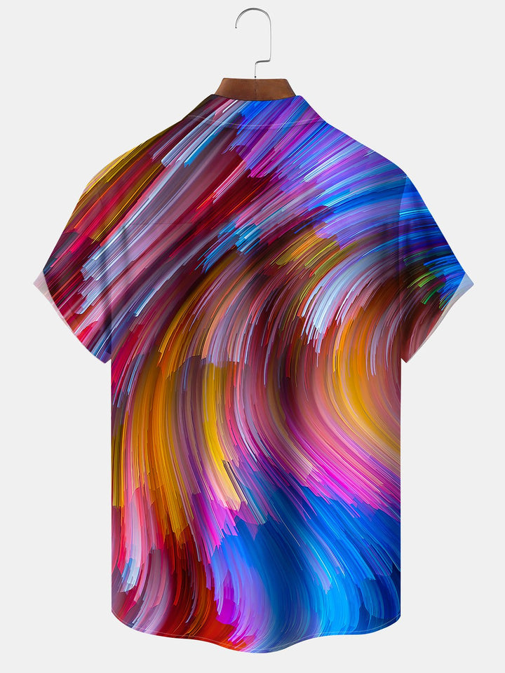 Alohadaddy Abstract Art Stripes Printed Art Chest Pocket Large Size Hawaiian Short Sleeve Shirt