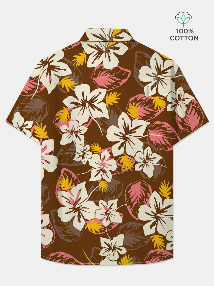 Alohadaddy Cotton Hibiscus Flower Art Print Chest Pocket Cardigan Large Size Long Hawaiian Short Sleeve Shirt