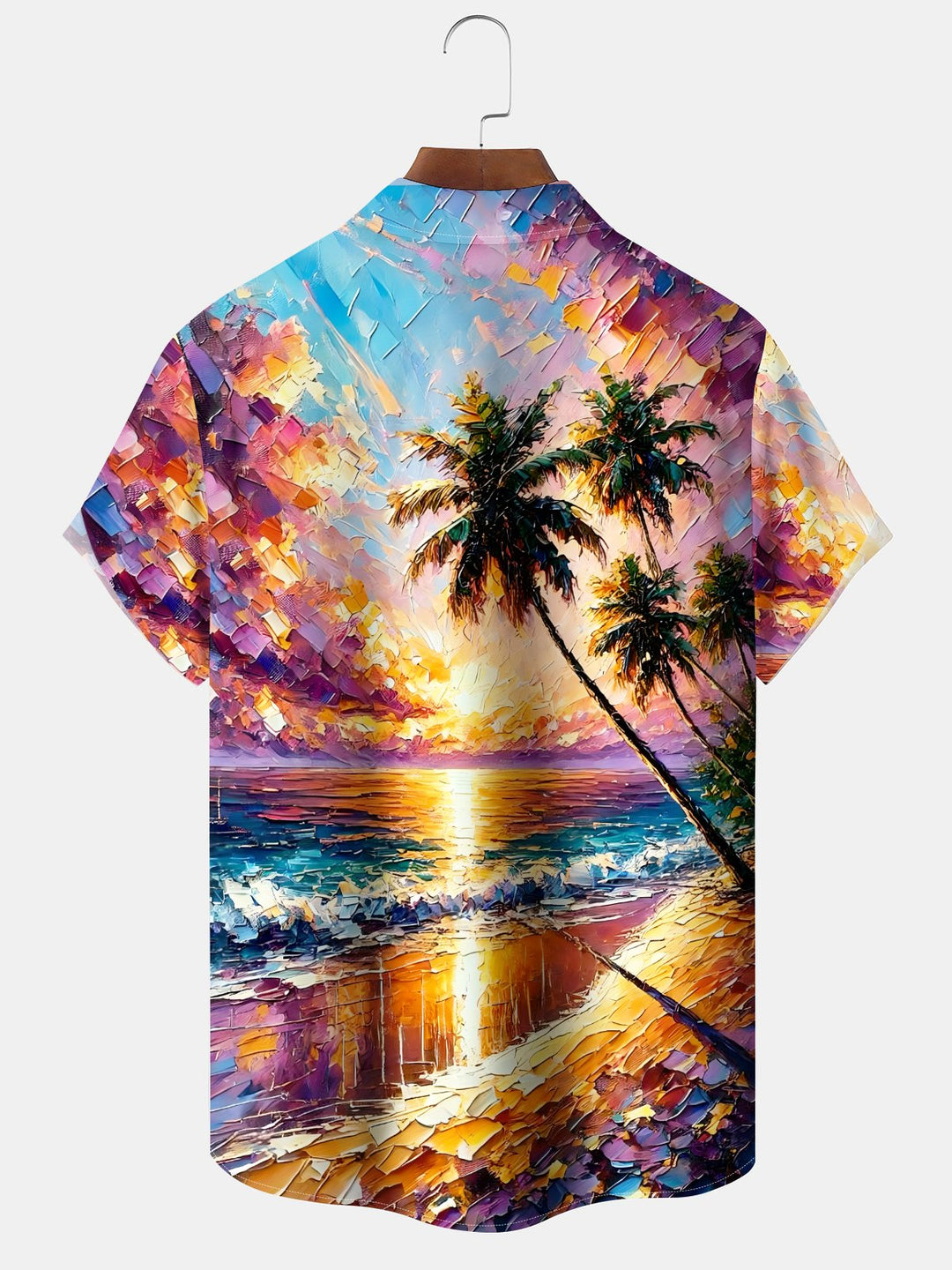 Alohadaddy® Seaside Painting Palm Trees Print Art Chest Pocket Large Size Long Hawaiian Men&