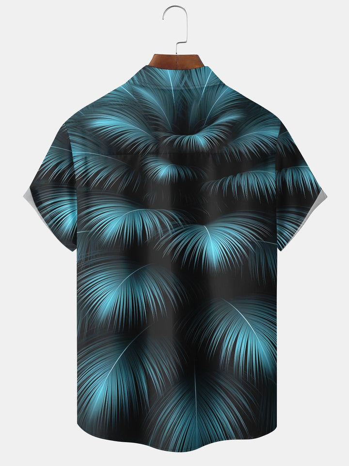Alohadaddy® Casual Palm Leaves Black Print Art Chest Pocket Moisture Wicking Large Size Hawaiian Shirt