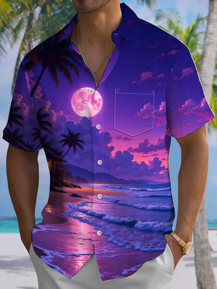 Alohadaddy® Casual Beach Vacation Printed Art Pockets Large Size Stretch Hawaiian Shirt