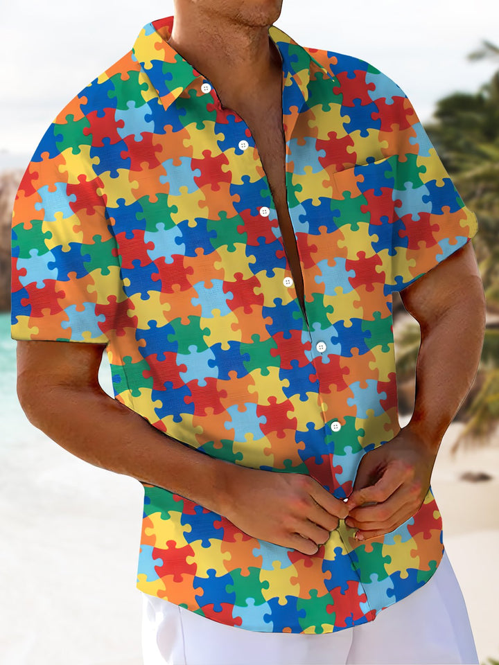 Alohadaddy® Casual Jigsaw Geometric Print Art Pocket Stretch Men&