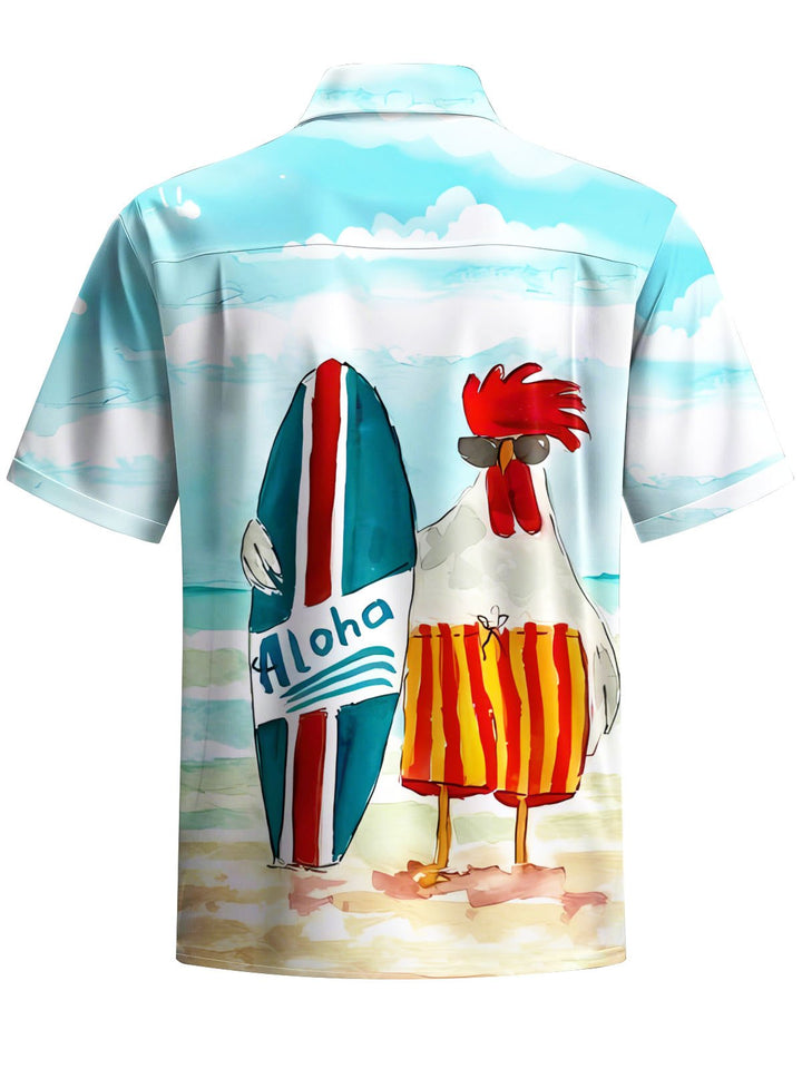 Alohadaddy® Hawaii Rooster Surf Print Chest Pocket Men&