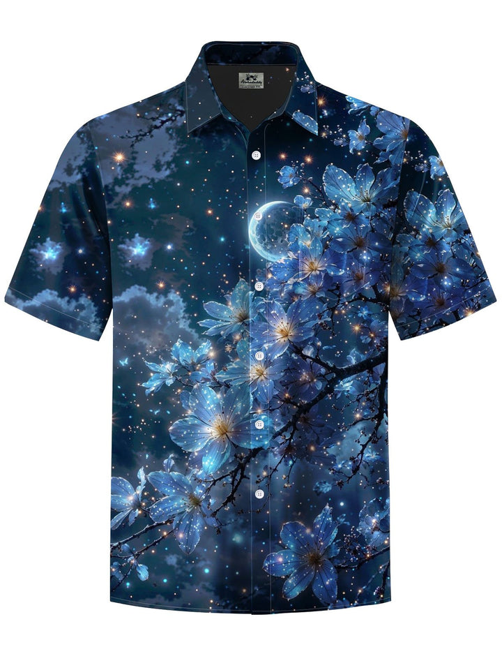 Alohadaddy® Hawaii Night Sky Flowers Print Chest Pocket Mens Short Sleeve Shirt Big &amp; Tall