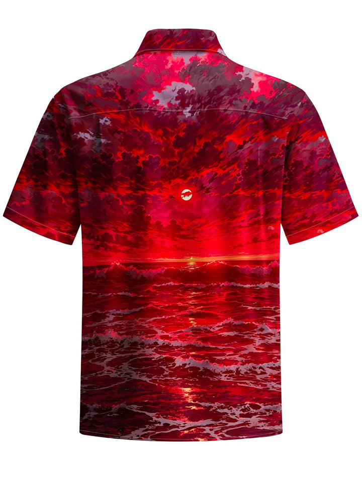 Alohadaddy® Hawaiian Wave Sunset Print Art Chest Pocket Men&