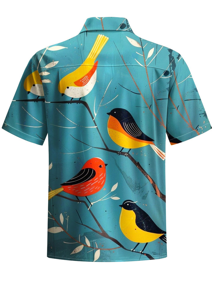 Alohadaddy® Vintage Bird Art Print Chest Pocket Mens Short Sleeve Shirt Big &amp; Tall