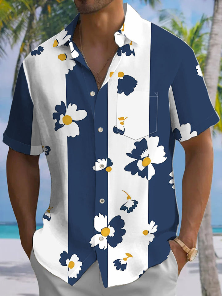 Alohadaddy® Casual Stripes Flowers Art Print Chest Pocket Mens Short Sleeve Shirt Big &amp; Tall