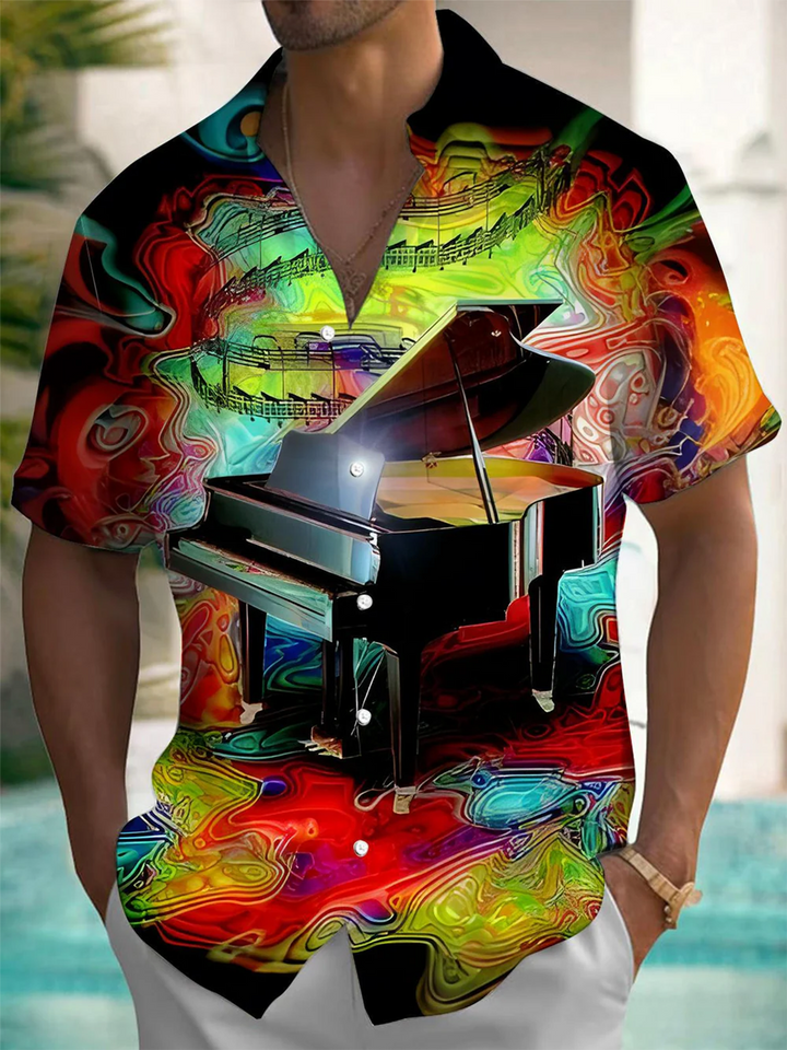 Alohadaddy® Vintage Piano Art Print Chest Pocket Mens Short Sleeve Shirt Big &amp; Tall