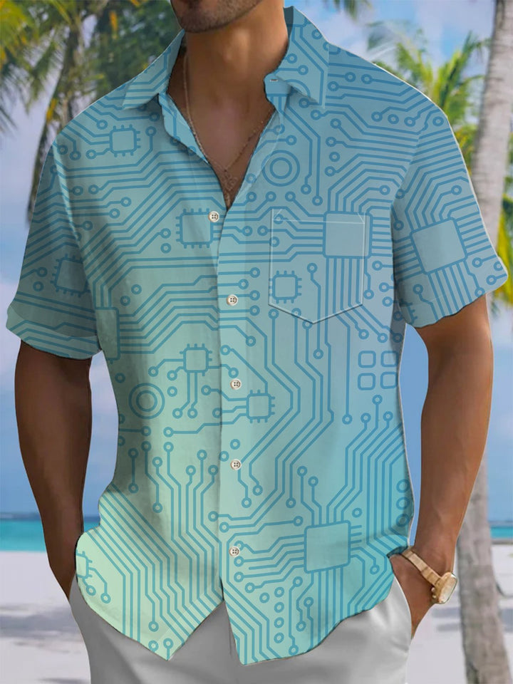 Alohadaddy® Casual Geometric Circuit Board Print Chest Pocket Men&