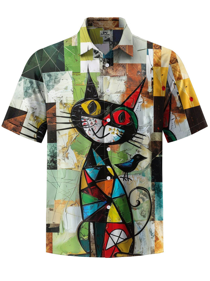 Alohadaddy® Vintage Geometric Acrylic Cat Print Art with Pockets and Stretch for Men&