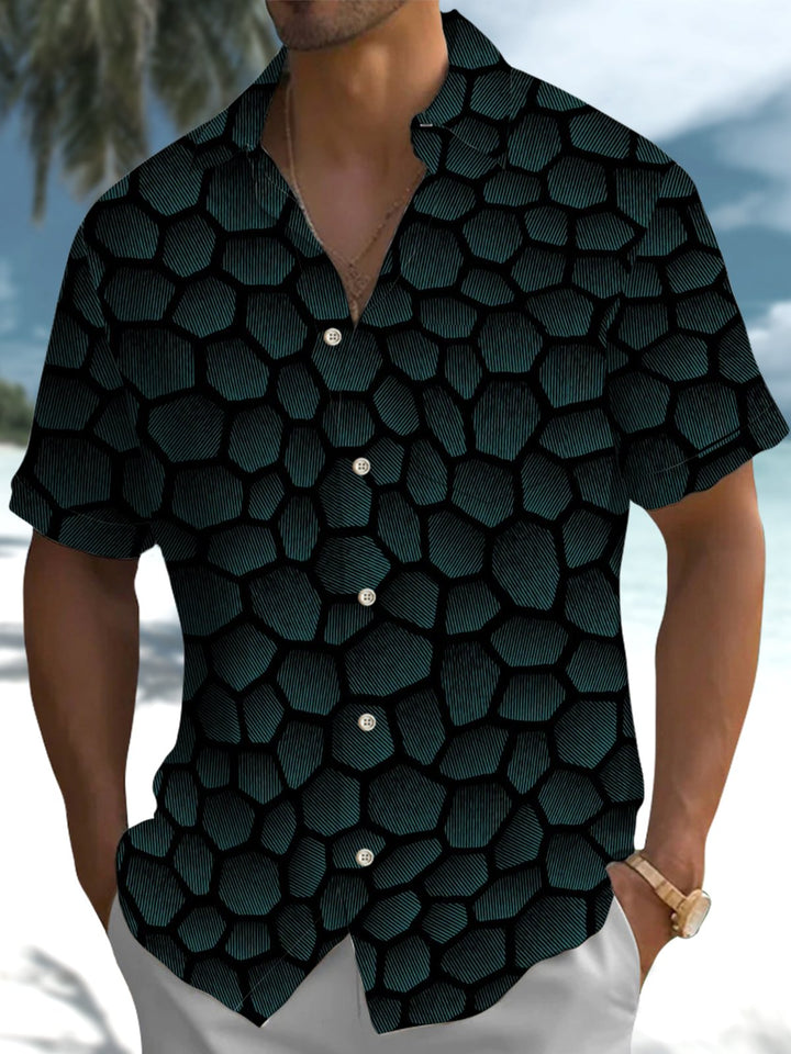 Alohadaddy® Retro Geometric Textured Print Pocket Button Stretch Men&