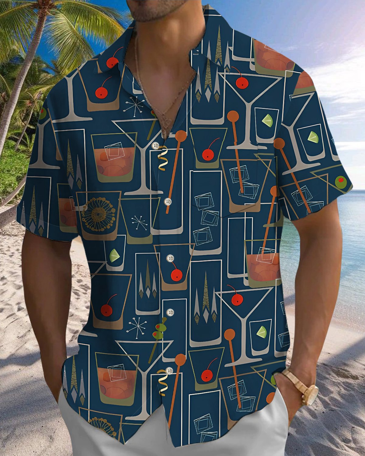 Alohadaddy® Hawaiian Cocktail Geometric Print Pocket Elastic Buttons Men's Short Sleeve Shirt Big & Tall