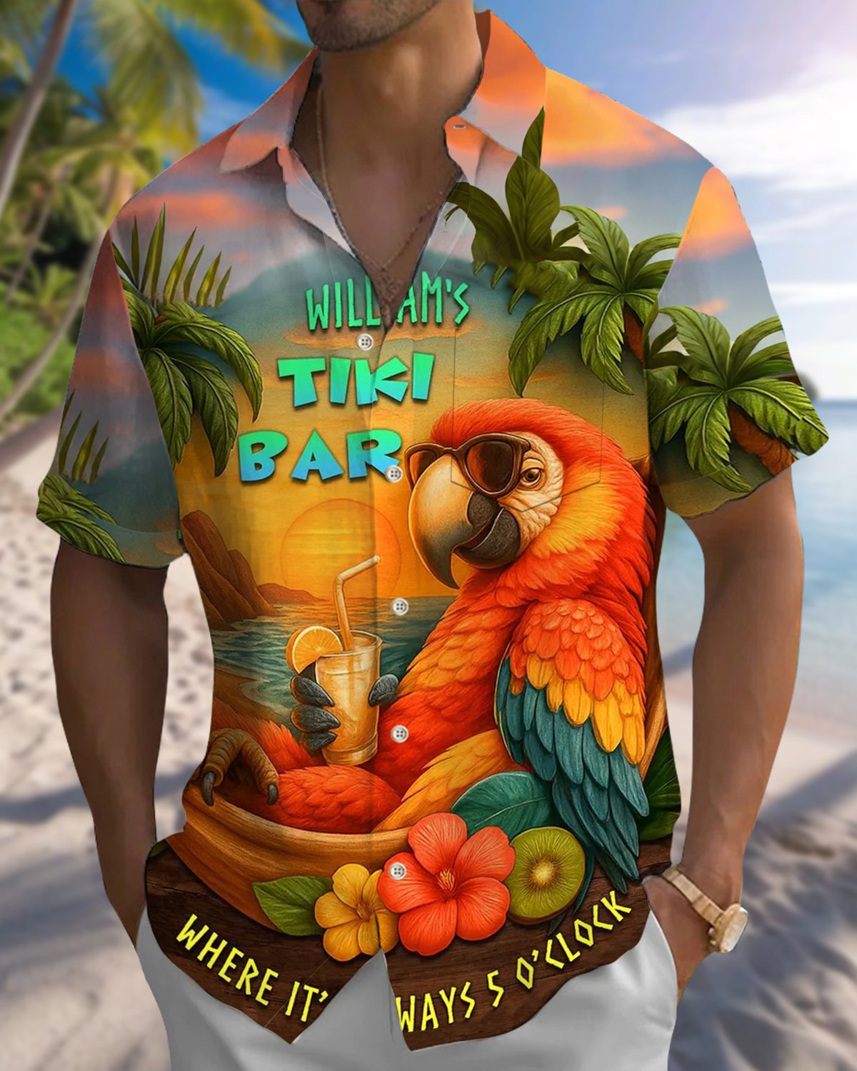 Alohadaddy® Hawaiian Parrot Vacation Print Pocket Stretch Men's Short Sleeve Shirt Big & Tall