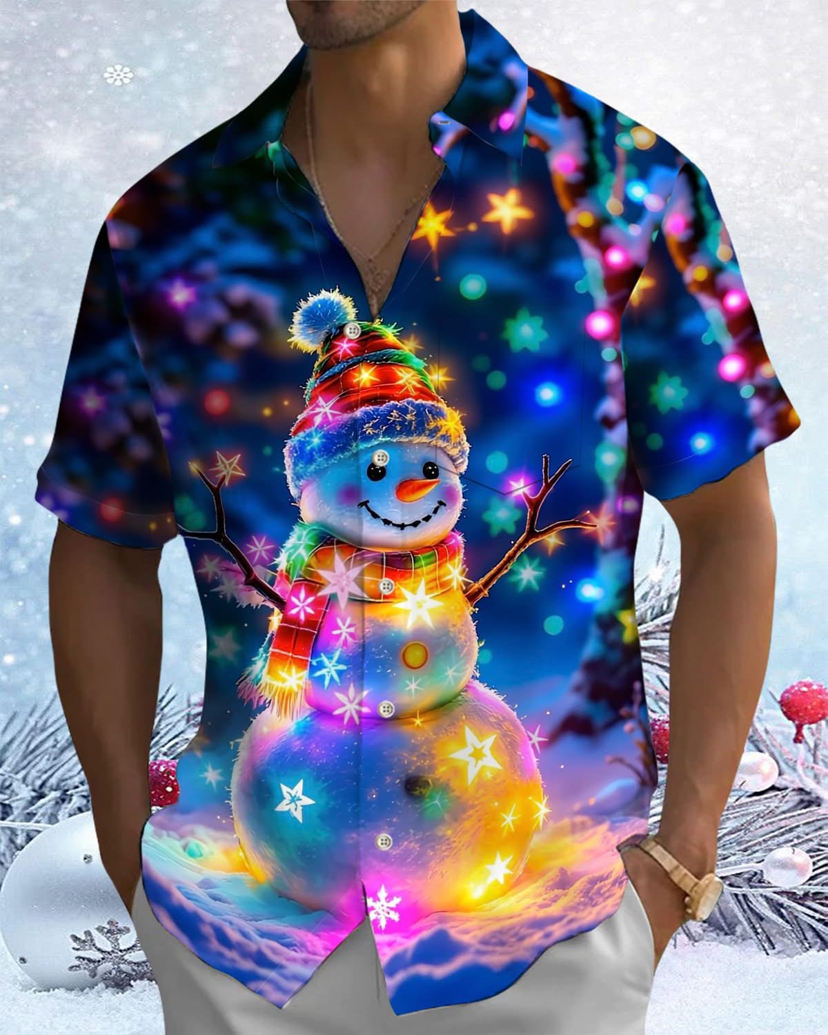 Alohadaddy® Christmas Snowman and Christmas Tree Print Blue Pocket Button Men's Short Sleeve Shirt Big & Tall