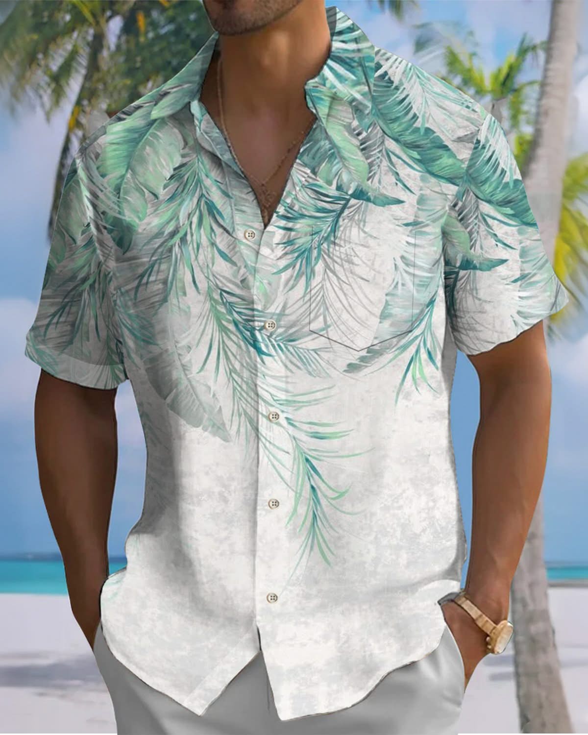 Alohadaddy® Vintage Palm Leaf Ombre Print Men's Short Sleeve Shirt with Elastic Buttons and Pockets Big & Tall