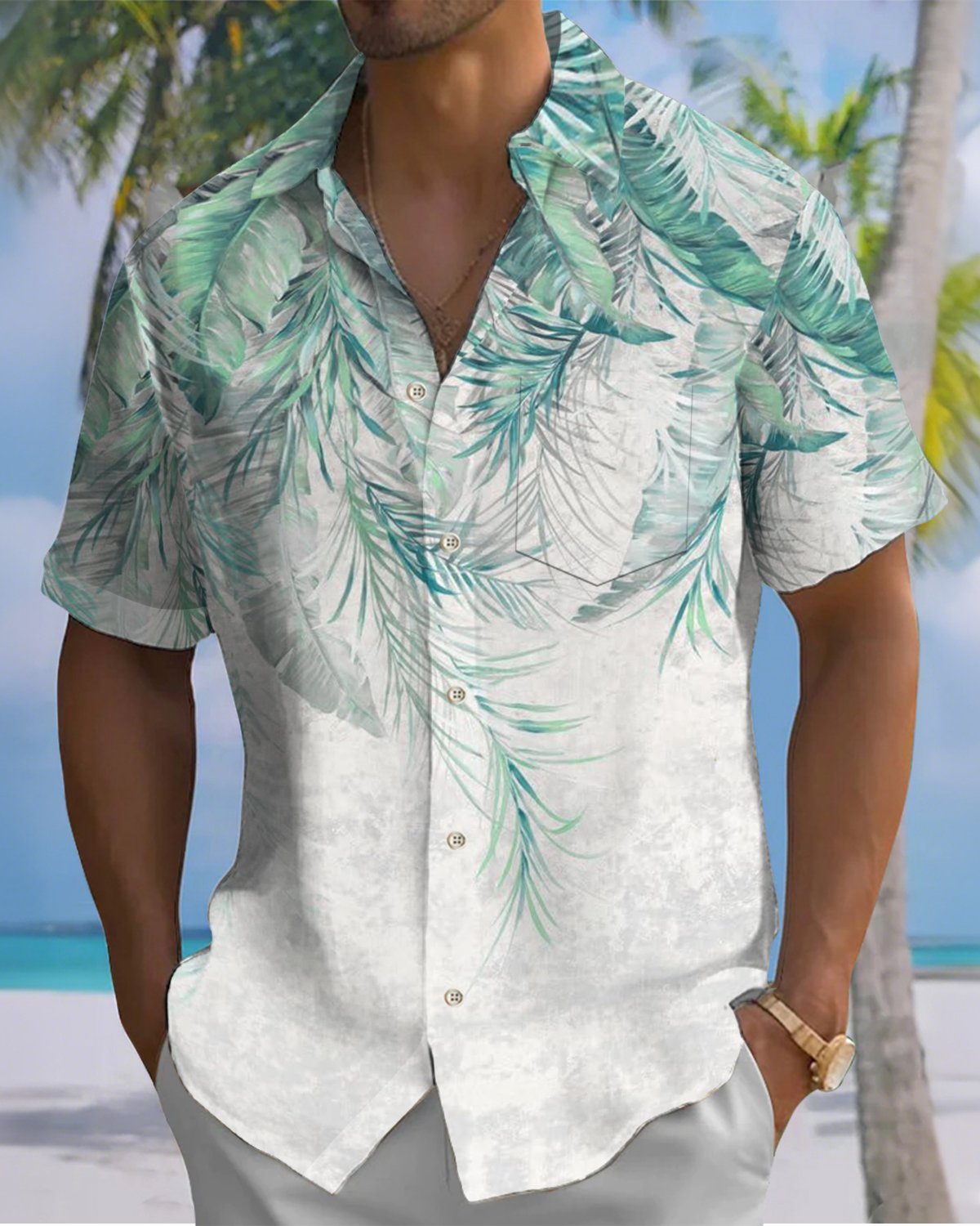 Alohadaddy® Vintage Palm Leaf Ombre Print Men's Short Sleeve Shirt with Elastic Buttons and Pockets Big & Tall