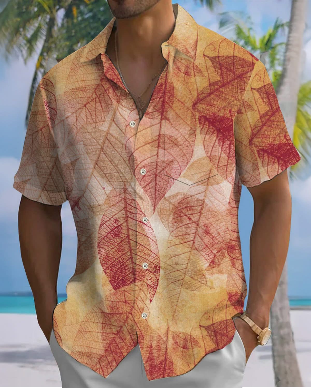 Alohadaddy® Vintage Autumn Leaf Print Art Pocket Buttons Stretch Men's Short-Sleeve Shirt Big & Tall