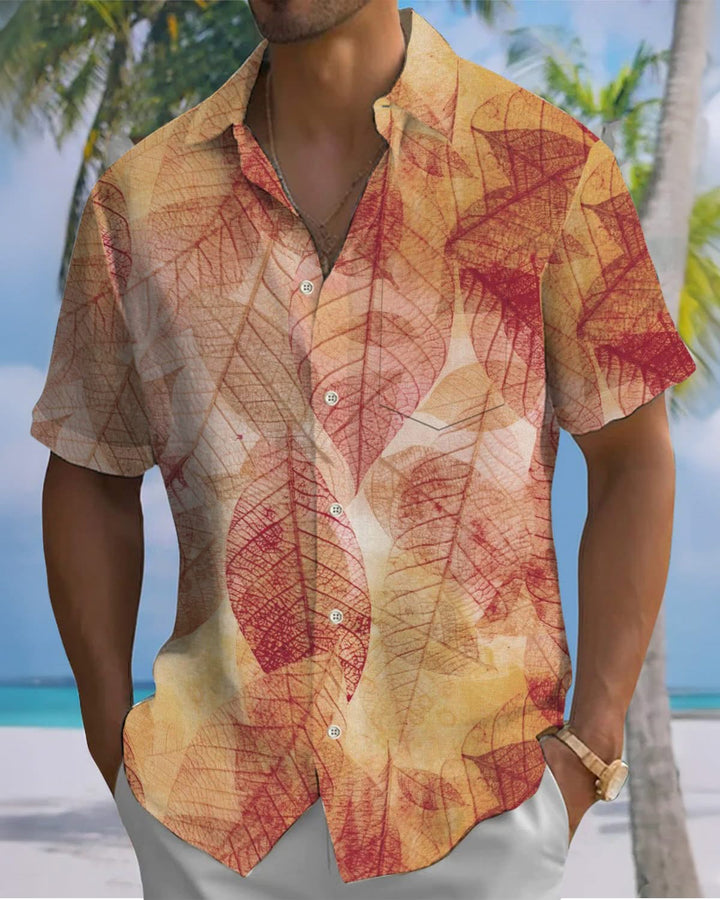 Alohadaddy® Vintage Autumn Leaf Print Art Pocket Buttons Stretch Men&