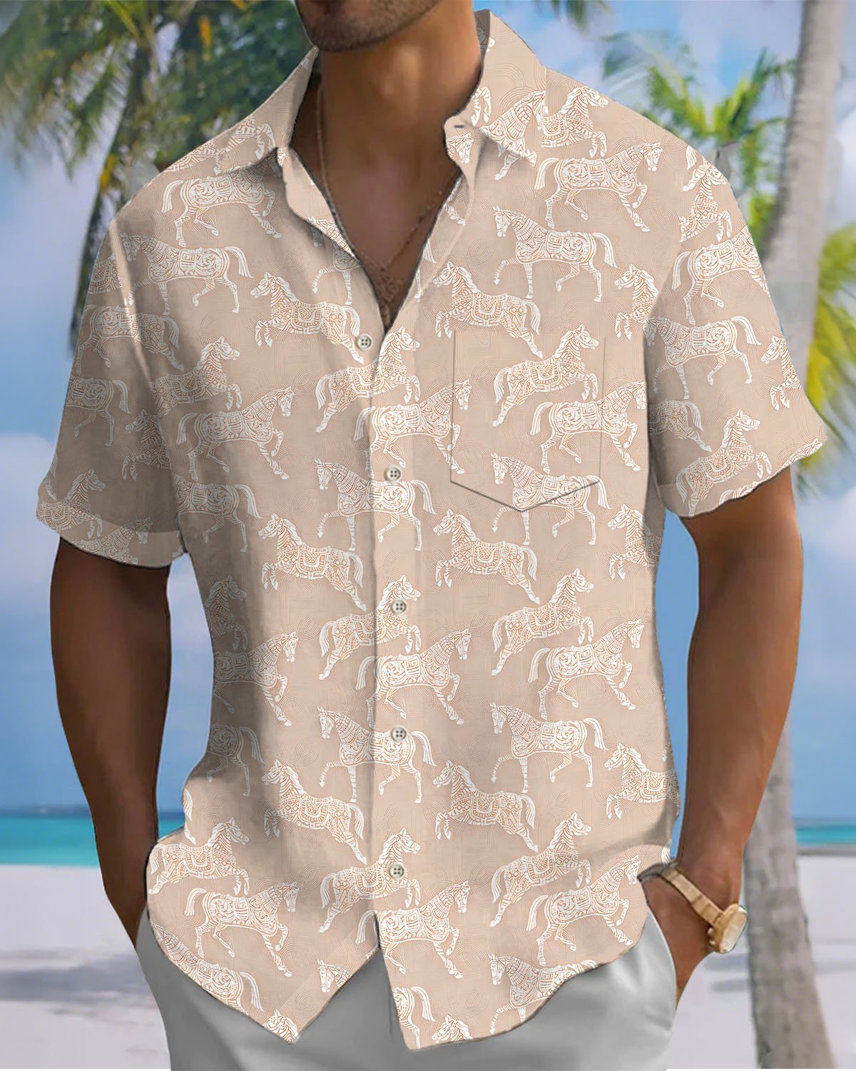 Alohadaddy® Vintage Horse Print Art Button Pocket Cardigan Men's Short Sleeve Shirt Big & Tall