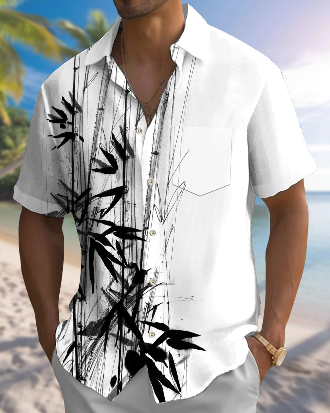 Alohadaddy® Casual Bamboo Print Artistic Button Pocket Cardigan Men&