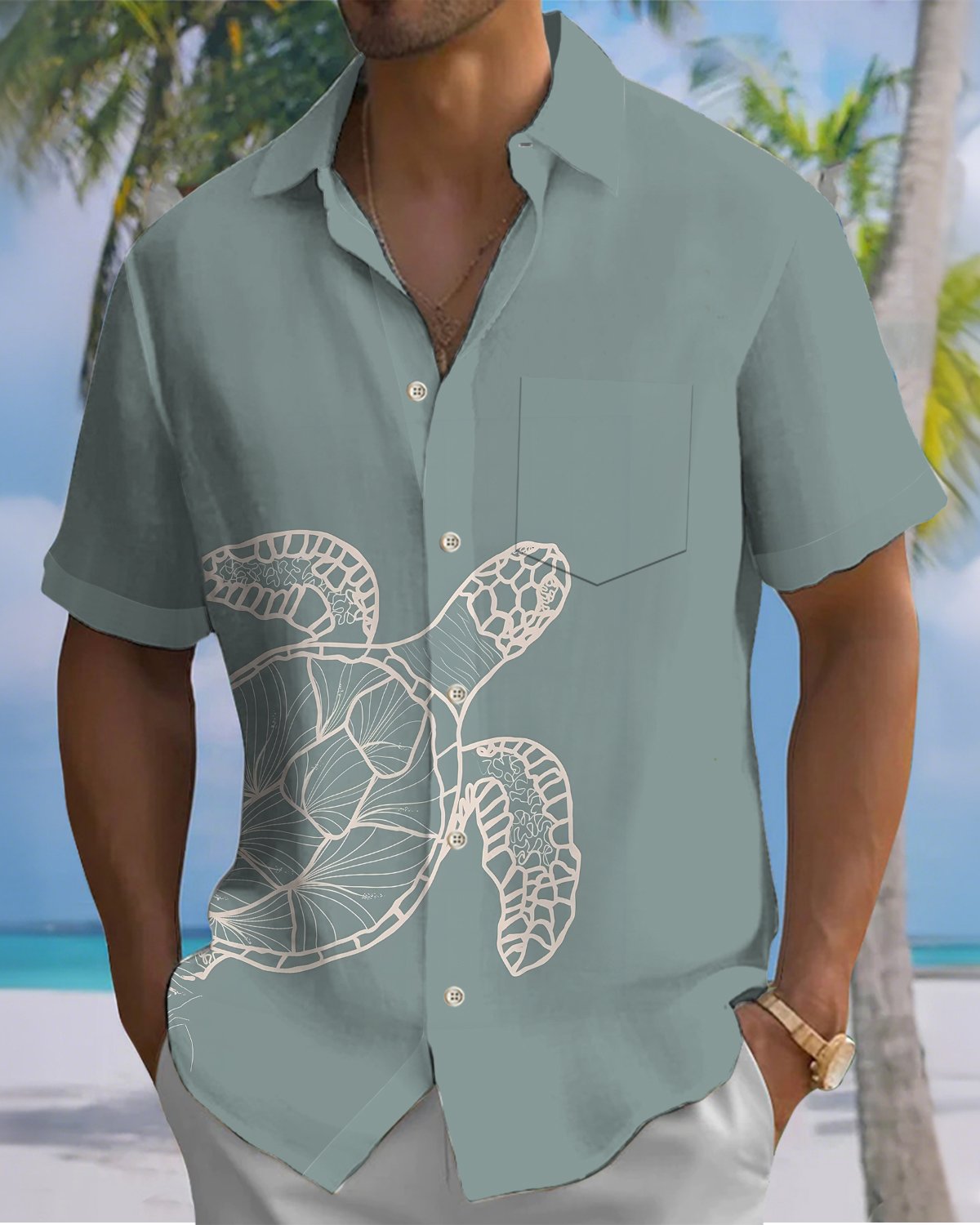 Alohadaddy® Casual Turtle Print Art Button Pocket Cardigan Men's Short Sleeve Shirt Big & Tall
