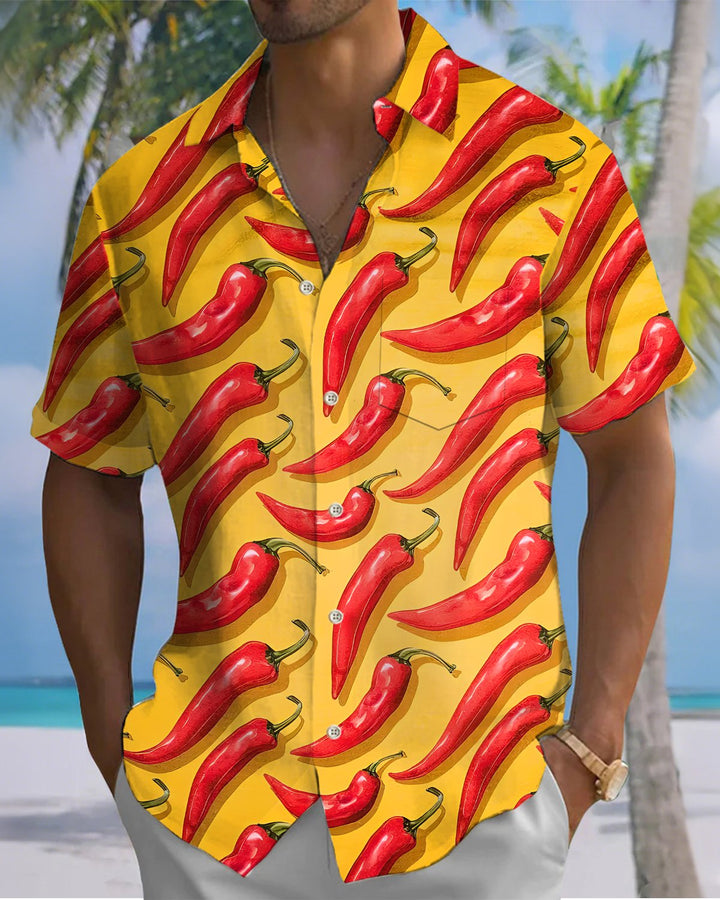 Alohadaddy® Casual Chili Print Art Button Pocket Cardigan Men&