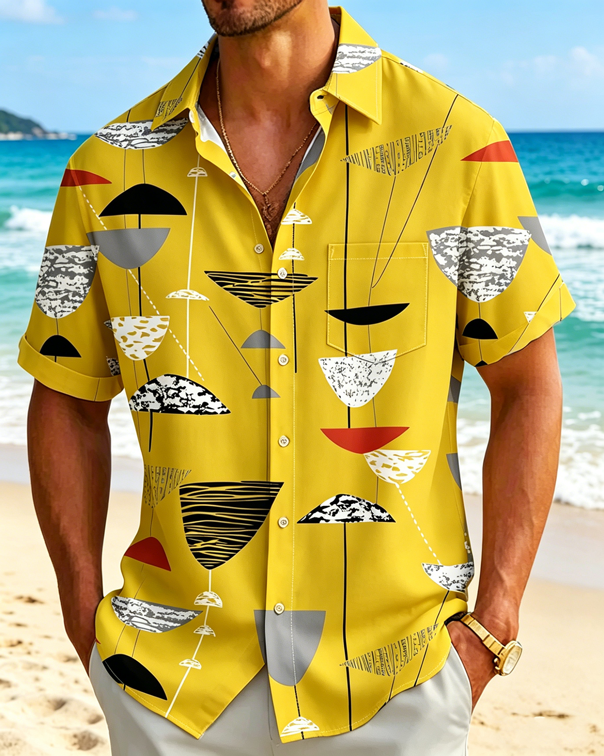Alohadaddy® Casual Abstract Print Art Button Pocket Cardigan Men's Short-Sleeve Shirt