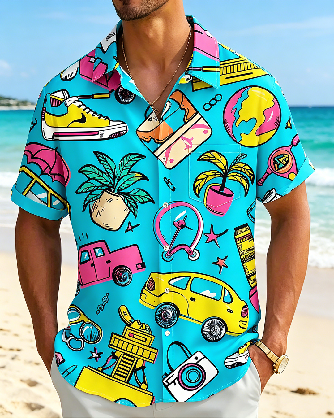 Alohadaddy® Hawaiian Automotive Print Art Button Pocket Cardigan Men&