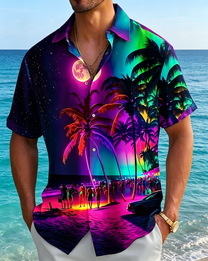 Alohadaddy® Hawaiian Palm Tree Print Art Button Pocket Cardigan Men&