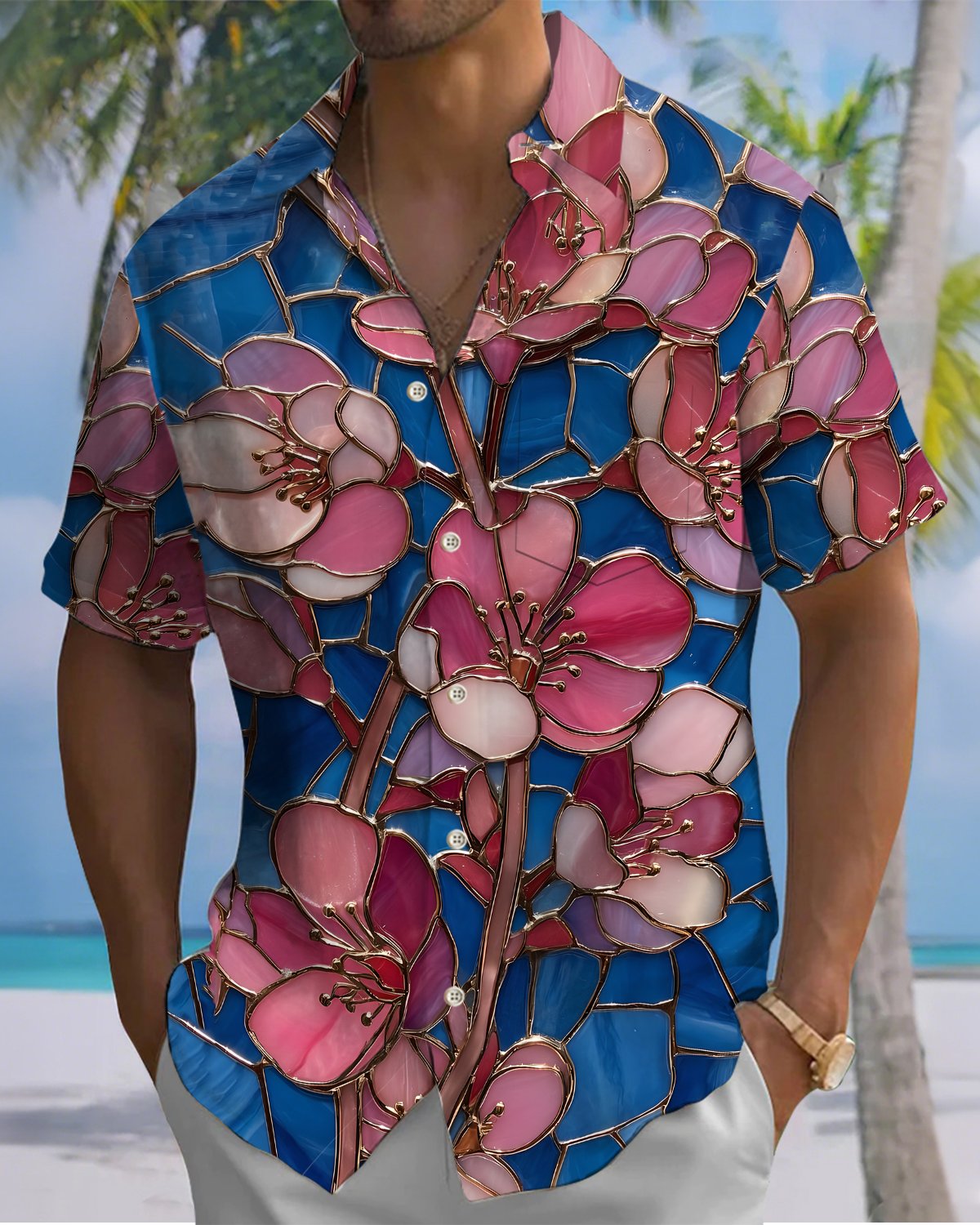 Alohadaddy® Vintage Floral Print Art Button Pocket Cardigan Men's Short Sleeve Shirt