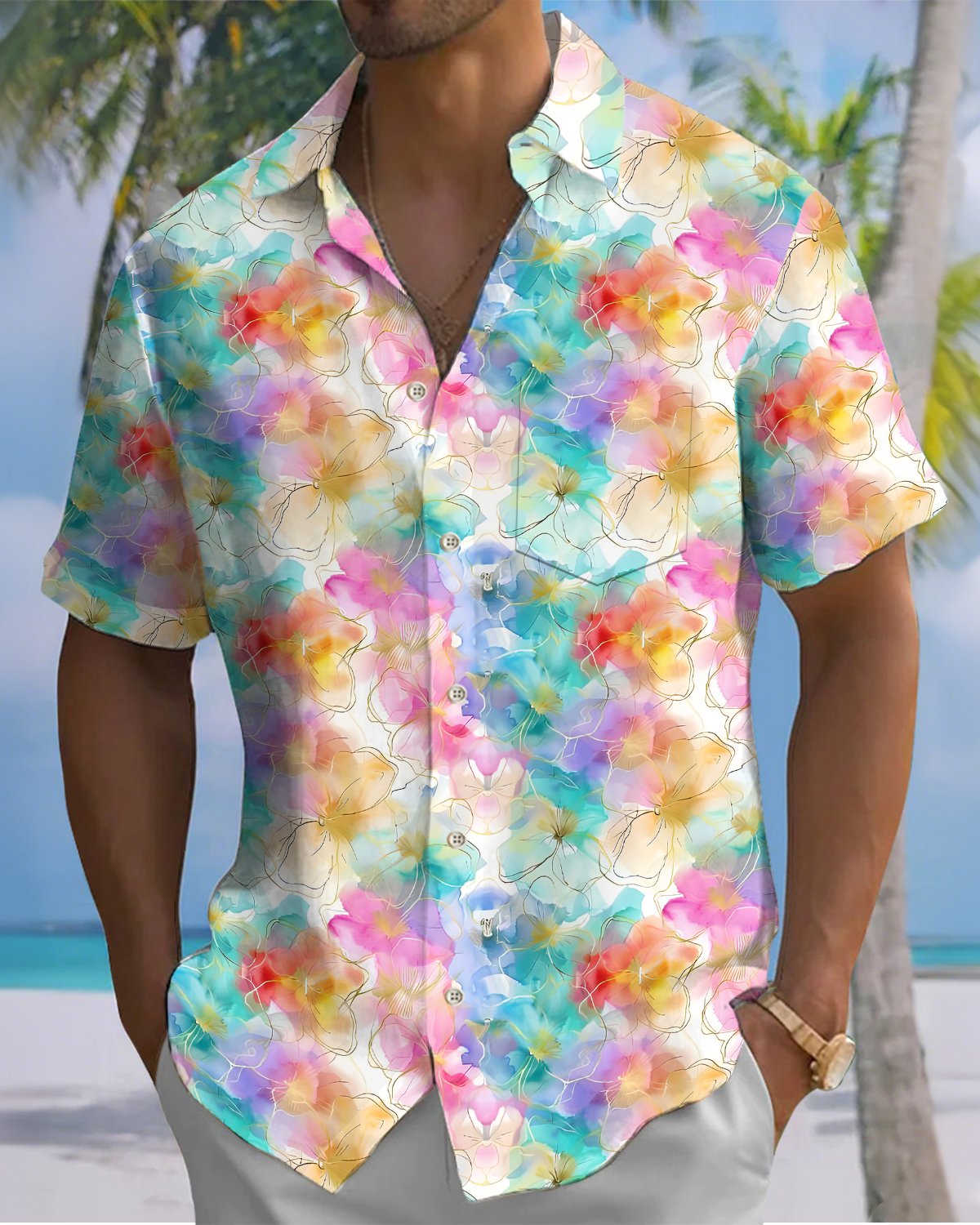 Alohadaddy® Hawaiian Floral Print Art Button Pocket Cardigan Men's Short Sleeve Shirt