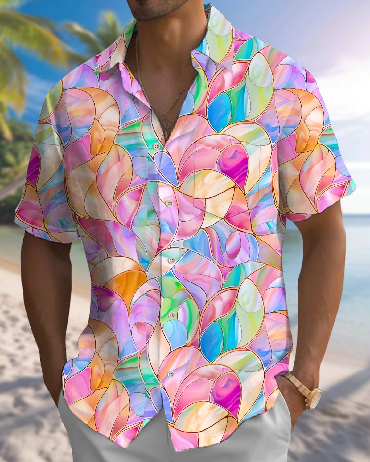 Alohadaddy® Hawaiian Colorful Geometric Print Art Button Pocket Cardigan Men's Short Sleeve Shirt