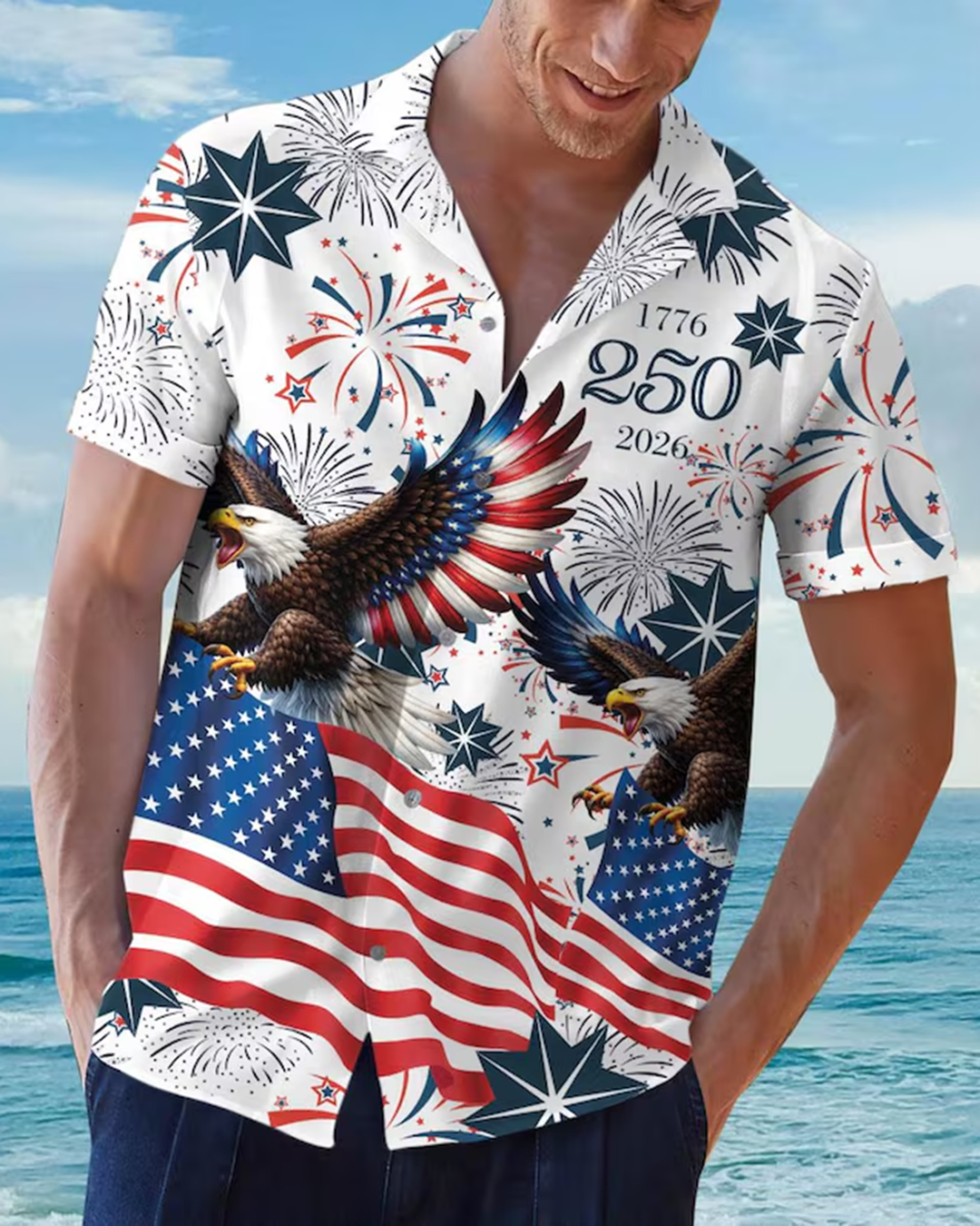 Alohadaddy® Holiday Independence Day Print Art Button Pocket Cardigan Men&